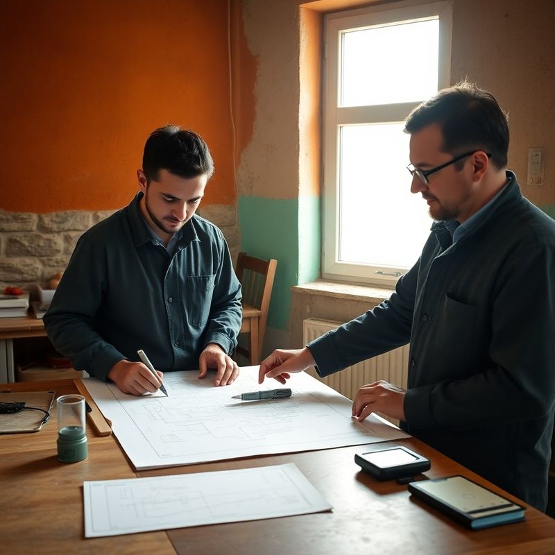 Doi tehnicieni colaborând pe planuri tehnice într-un atelier din Craiova